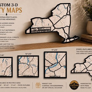 May include: A 3D layered wooden map of New York state with black borders, engraved streets, and blue waterways. The map features a personalized plaque reading The Whitmores OUR NEW HOME 2026. Additional square map examples show 8x8, 10x10, and 11x14 inch sizes.