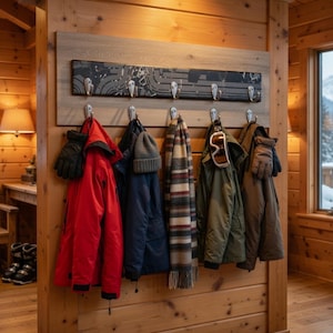 May include: A wooden wall-mounted coat rack with six silver hooks. The rack holds a red jacket, a navy blue coat, a striped scarf, a green jacket with goggles, and a brown coat. The room has wooden walls and a window with a snowy mountain view.