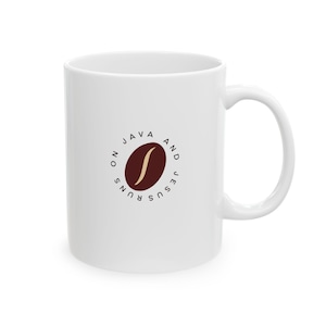 May include: White ceramic coffee mug with a brown coffee bean graphic and the text "NO JAVA AND JESUS RUNS". The mug has a curved handle and is suitable for hot or cold beverages.