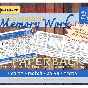 May include: A CC Foundations Memory Work paperback activity book for cycle 3, 2026 version. The cover features blue and white graphics, text including 'Memory Work', 'Updated MAPS, history and presidents', and '48 pages' with various icons.