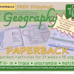 May include: A collection of paperback geography workbooks with the title "CC Foundations Geography." The workbooks feature maps, crossword puzzles, and activities. The image includes the text "paperback," "activities for 24 weeks," and "48 pages."