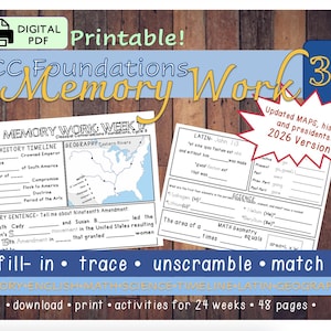 CC Cycle 3 Memory Work Worksheets | Classical Conversations Foundations 5th Edition PDF | Homeschool Grammar Copywork Activities Printable