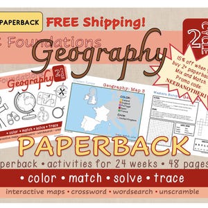 May include: A collection of geography-themed paperback activity books. The cover features the title "CC Foundations Geography" in a decorative font, with illustrations of maps, a globe, and a compass. Includes activities for 24 weeks and 48 pages.