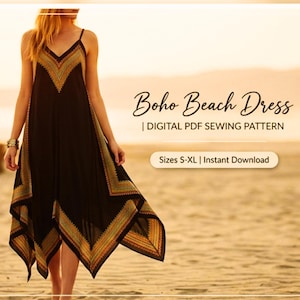 Puede incluir: Vestido de playa Boho negro con cuello en V y tirantes finos. El vestido presenta un estampado geométrico en tonos dorados, naranjas y verdes. El texto "Boho Beach Dress" y "Sizes S-XL | Instant Download" son visibles.
