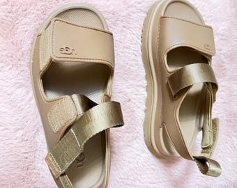 Preowned UGG Beige Platform Sport Sandals – Adjustable Velcro Comfort Sandals – Neutral Chunky Summer Shoes Casual Everyday Sandals.