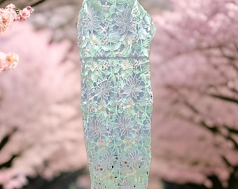 Floral Embroidered Dress, Elegant Spaghetti Strap Evening Dress (Size 6)