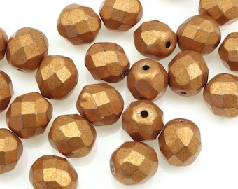 25 pcs 8mm Beads Firepolish Czech Glass Saturated Metallic Russet Orange - Medium Amber Brown Beads for Fall Jewelry