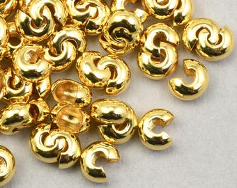 144 GOLD Crimp Covers - 3mm Crimp Cover Findings - Gold Plated Crimp Ends - Bright Gold Findings - Crimp Findings    FB560
