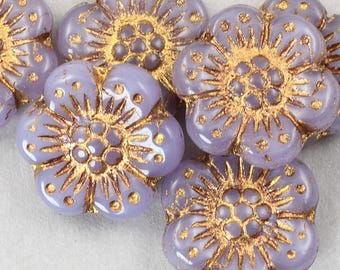 12 Milky Lavender Purple Rustic Flower Beads - 14mm Wild Rose Czech Glass Flower Beads - Lilac Purple Opaline with Dark Bronze Wash #089