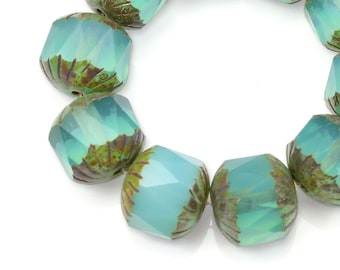 10mm Aqua Blue Opaline Beads with Picasso Finish - Raven's Journey Czech Glass Center Faceted Cruller - Chunky Teal Cathedral Beads #648