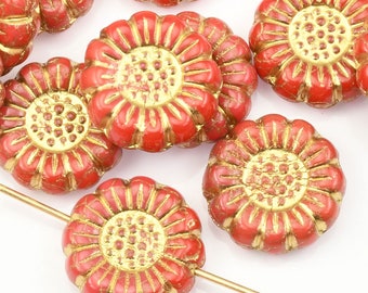 13mm Sunflower Beads - Coral Red Opaque with Gold Wash - Rustic Red Sun Flower Beads by Raven's Journey (#033)