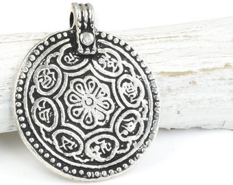 Antique Silver Pendant for Meditation Jewelry - TierraCast "Eight Signs" Pendant - Ashtamangala Buddhism Medallion  26mm x 31mm (P2419)