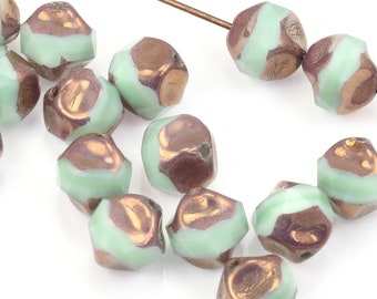 Seafoam Green 9mm Firepolish Nugget Beads - Irregularly Shaped Faceted Czech Glass Beads - Mint Green with Purple Bronze Finish