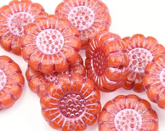 13mm Sunflower Beads - Orange Opaline with Pink Wash Czech Glass Beads - Dark Orange Sun Flower Beads by Raven's Journey (#031)
