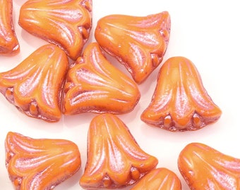 15 Pieces - 9mm x 10mm Lily Flower Bead - Orange Opaque with Pink Metallic Wash - Ravens Journey Czech Glass Beads Spring #292