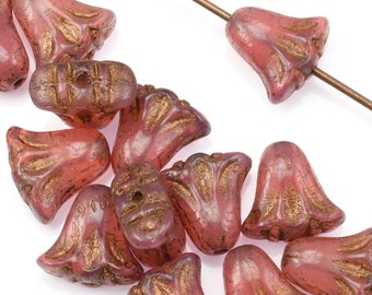 15 Pieces - 9mm x 10mm Lily Flower Bead - Pink Opaline with Dark Bronze Wash - Ravens Journey Czech Glass Beads Spring #600
