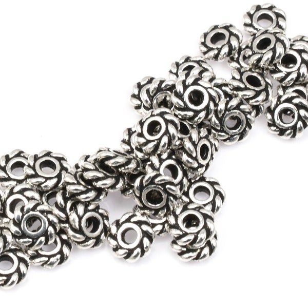 50 Silver Beads - 4mm Twist Antique Silver Bali Beads - Twisted Coiled Heishi Silver Spacer Beads - TierraCast Pewter Metal Beads (PS45)