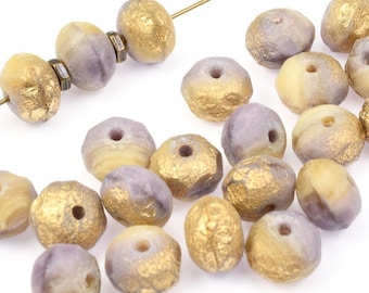 8 or more Light Purple Beads - 6mm x 9mm Rondelle Czech Glass Beads -  Matte Ivory Opaque and Purple Silk Mix with Etched Gold Finish - #220