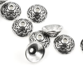 7mm Antique Silver Beadcaps - TierraCast Lotus Bead Caps for Jewelry Making - Medium Size (P2423)