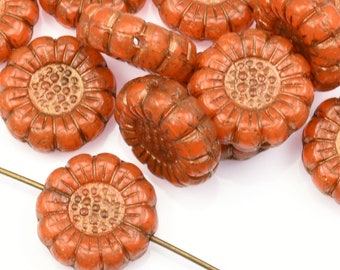 13mm Sunflower Beads - Orange Opaline with Dark Bronze Wash Czech Glass Beads - Dark Orange Sun Flower Beads by Raven's Journey (#027)