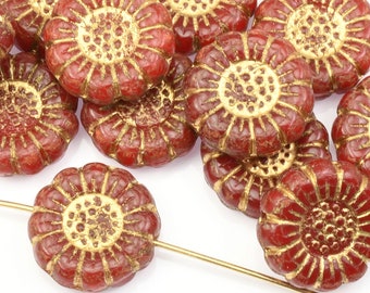 13mm Sunflower Beads - Red Opaline with Gold Wash - Dark Red Blood Red Sun Flower Beads by Raven's Journey (#036)