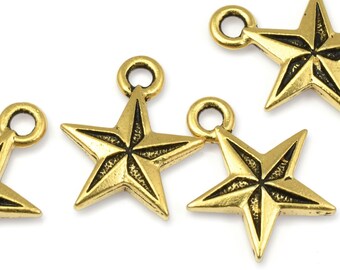 TierraCast Nautical Star Charms - Antique Gold Charms for Sea Beach Sailing Boat Jewelry - Gold Plated Pewter Star Charms (P798)