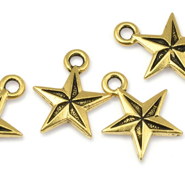 TierraCast Nautical Star Charms - Antique Gold Charms for Sea Beach Sailing Boat Jewelry - Gold Plated Pewter Star Charms (P798)