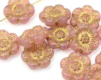 12 Flower Beads - 14mm Wild Rose Czech Glass Flower Beads - Light Pink Opaline with Gold Wash  #435