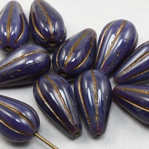 10 Pieces 13mm x 8mm Melon Drop Briolette Beads - Deep Purple Opaline with Dark Bronze Wash - Raven's Journey Czech Glass Beads #351