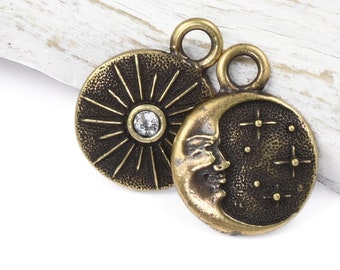 Antique Brass Charm - TierraCast Starry Night Dual Sided Bronze Charm w/ Clear Crystal - 15mm x 19mm Celestial Moon Face and Stars (P1793)