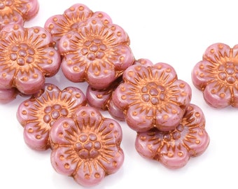 12 Flower Beads - 14mm Wild Rose Czech Glass Flower Beads - Pink Silk with Dark Copper Wash - Pink Flower Beads  #421