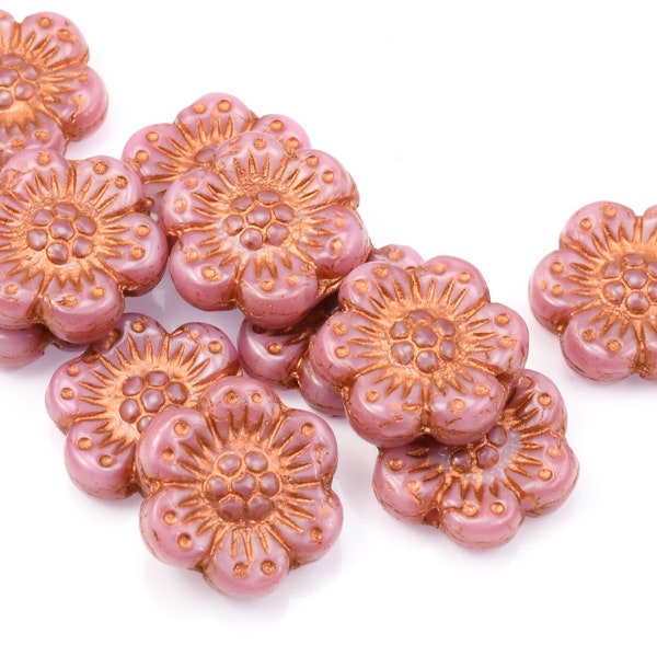 12 Flower Beads - 14mm Wild Rose Czech Glass Flower Beads - Pink Silk with Dark Copper Wash - Pink Flower Beads  #421