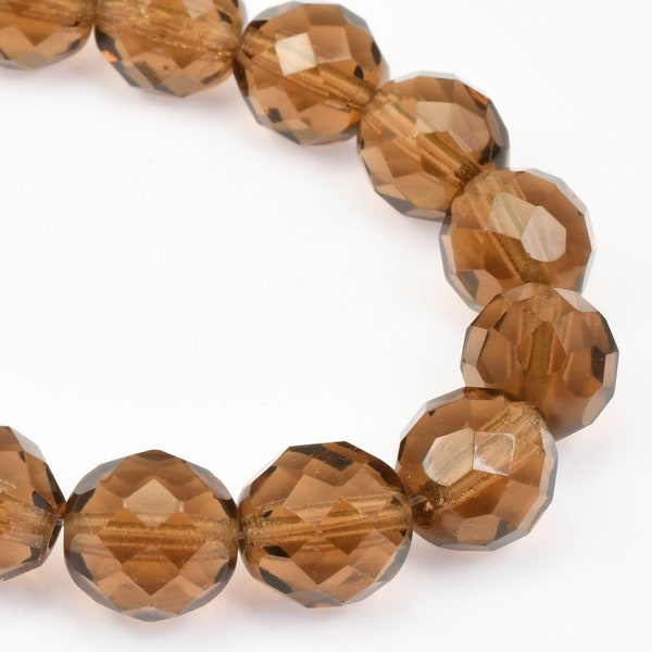 10mm Faceted Firepolish Czech Glass Beads - DARK SMOKED TOPAZ Brown color - Fire Polish Beads for Fall and Autumn Jewelry