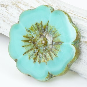 22mm Hibiscus Flower Beads - Table Cut Czech Glass Beads - Turquoise Silk with Picasso Finish - Large Czech Flower Beads