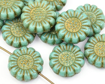 13mm Sunflower Beads - Turquoise Opaque with Dark Bronze Wash Czech Glass Beads - Turquoise Green Sun Flower Beads by Raven's Journey (#017)