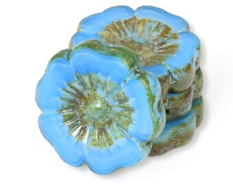 Perles de fleurs d’hibiscus de 22mm - Perles de verre tchèques coupées à la table - Soie bleue avec finition Picasso - Grandes perles de fleurs tchèques - #083
