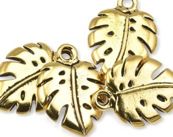 Antique Gold Monstera Leaf Charm - 19mm TierraCast Double Sided Monstera Pendant - Woodland Nature Plant Charms Gold Charms (P2527)