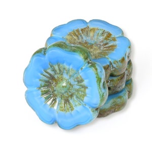 22mm Hibiscus Flower Beads - Table Cut Czech Glass Beads - Blue Silk with Picasso Finish  - Large Czech Flower Beads - #083