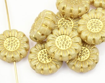 13mm Sunflower Beads - Beige Ivory Opaque with Gold Wash Wash Czech Glass Beads -  Warm Cream Sun Flower Beads by Raven's Journey (#032)