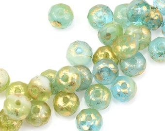 30 Rondelle Beads (5x3mm) Peruvian Opal Blue Mix Transparent and Opaque with Antique Gold Finish  - Ravens Journey Czech Glass Beads #586