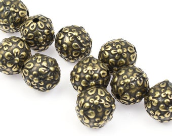 Antique Brass Beads - 7.5mm TierraCast Floral Round Beads - Brass Oxide Bronze Beads for Spring and Summer Flower Jewelry (P1097)