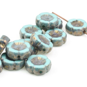 12mm Hibiscus Flower Beads Light Turquoise Blue Green Silk with Bronze Finish Flower Beads Flat Czech Glass Flower Beads 810 image 1