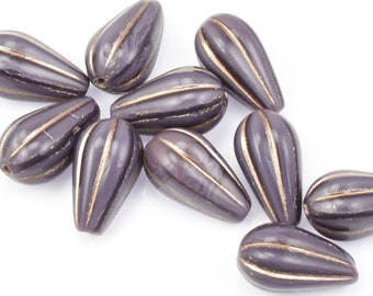 Dark Purple Silk with Platinum Wash Teardrop Beads - 13mm x 8mm Melon Drop Briolette Tear Drop Beads Raven's Journey Czech Glass Bead (#866)