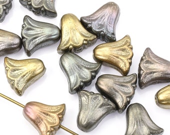 15 Pieces - 9mm x 10mm Lily Flower Bead -  Metallic Finish Opaque Mix of Antiqued Silver and Gold - Ravens Journey Czech Glass Beads  #604