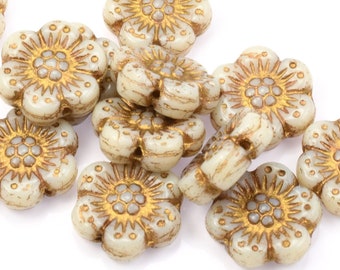 12 Flower Beads - 14mm Wild Rose Czech Glass Flower Beads - Bone & Gold Beads - Ivory Opaque with Light Bronze Wash  #095