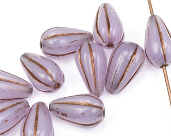 Lilac Purple Opaline with Dark Bronze Wash Teardrop Beads - 13mm x 8mm Melon Drop Briolette Tear Drop Beads Raven's Journey Czech Glass #592