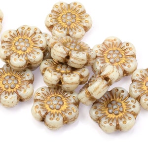 12 Flower Beads 14mm Wild Rose Czech Glass Flower Beads Bone & Gold Beads Ivory Opaque with Light Bronze Wash 095 画像 1