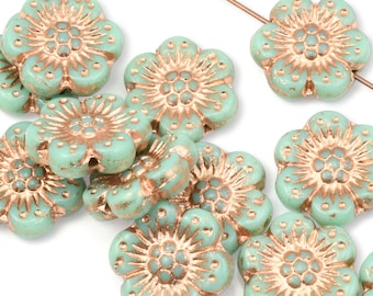 12 Flower Beads - 14mm Wild Rose Czech Glass Flower Beads - Light Turquoise Green / Blue Opaque with Bright Copper Wash #430