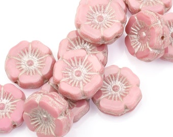 12mm Hibiscus Flower Beads - Bright Pink Silk with Platinum Wash - Light Pink Beads with White Accents for Flower Jewelry (#089)