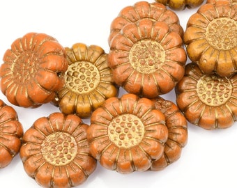 13mm Sunflower Beads - Ochre Yellow Opaque with Dark Bronze Czech Glass Beads - Rustic Yellow-Orange Flower Beads by Raven's Journey (#016)